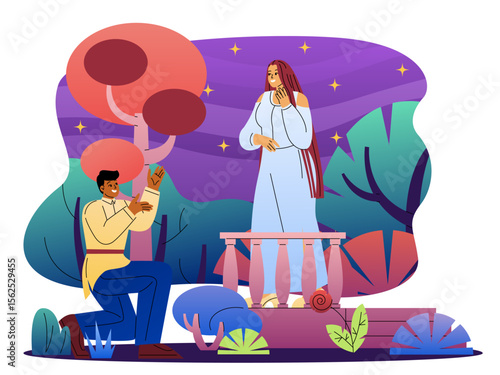 Man sings serenade to woman. Young guy sings to girl on balcony. Love and romance. Romantic date in Middle Ages. Boyfriend and girlfriend dating. Flat vector illustration