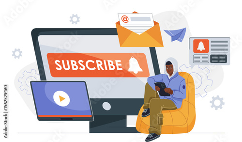 Man subscriber concept. Young guy sitting near computer monitor with subscribe button. User subscribes to blogger. Promotion in social networks. Flat vector illustration