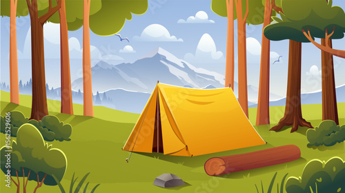 Day camp landscape. Yellow tent in forest. Shelter near trees and bushes. Hiking and camping, trekking. Travel and journey. Beautiful natural panorama. Cartoon vector illustration