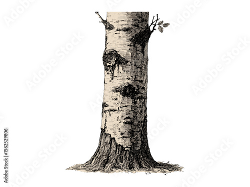Vintage Poplar Tree Engraving, hand-drawn bark sketch, rustic woodland decor, retro tree art, black ink trunk illustration, eco-friendly wall print, botanical drawing,
