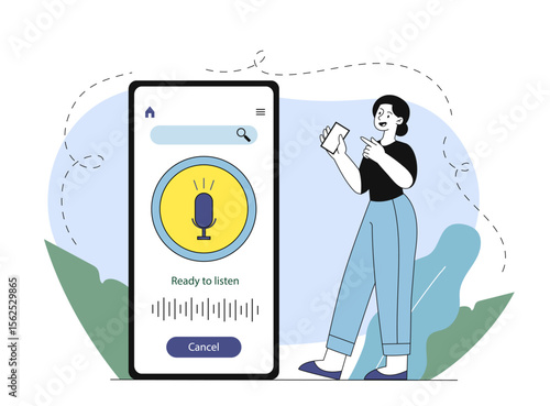 Woman use voice search. Young girl near smartphone with voice input. Communication and interaction. Artificial intelligence and bot for automatic speech transcription. Linear vector illustration