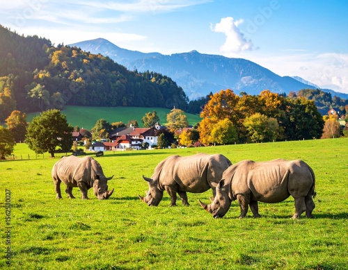 Nashörner weiden auf einer Wiese in alpenähnlicher Umgebung