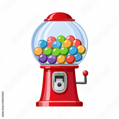 Glass-topped red gumball machine filled with rainbow spheres and a shiny chrome coin slot.

