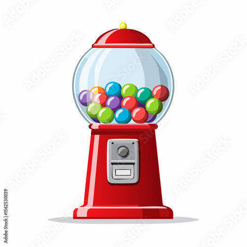 Glass-topped red gumball machine filled with rainbow spheres and a shiny chrome coin slot.
