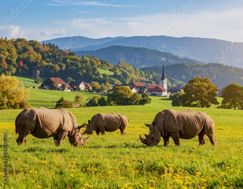 Nashörner weiden auf einer Wiese in alpenähnlicher Umgebung