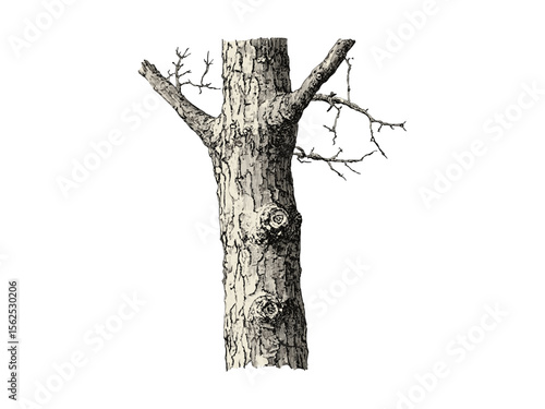 Poplar Tree Bark Drawing, vintage style engraving, hand-drawn forest decor, rustic nature trunk art, retro sketch, woodland botanical print, monochrome tree illustration,