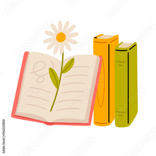 Reading setup with open book, flower and two vertical books in background