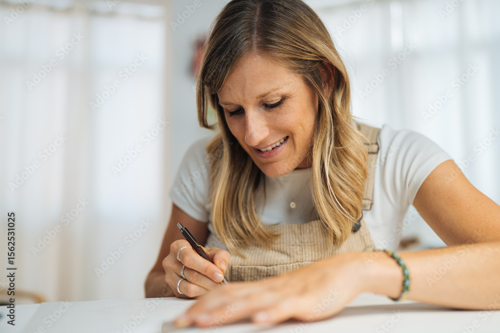 Woman artist designing geometric art with pen and ruler Woman artist designing geometric art with pen and ruler