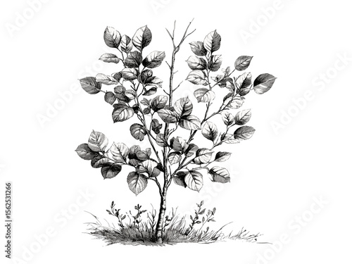 Black sketch of Quaking Aspen tree, vintage hand-drawn style, old engraving print, eco-friendly woodland art, rustic aspen leaves decor, forest illustration, retro nature art