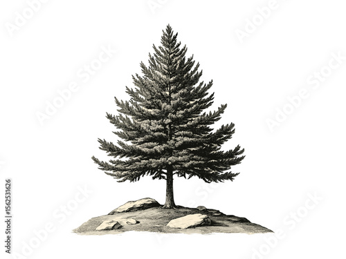 Vintage engraving of red cedar tree, old botanical sketch, red cedar bark, evergreen tree art, black line illustration, nature print, rustic tree decor, antique forest artwork