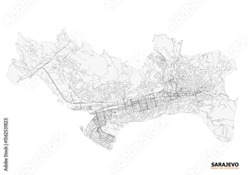 Vector map of Sarajevo, Bosnia and Herzegovina, specifically highlighting its extensive highway network. The focus is on the intricate road infrastructure within the city's urban landscape.