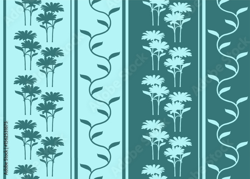 Seamless repeating pattern, striped wallpaper with flowers daisies, liana on green-blue background, perfect for wallpapers, backgrounds, textiles, paper. Vector illustration.