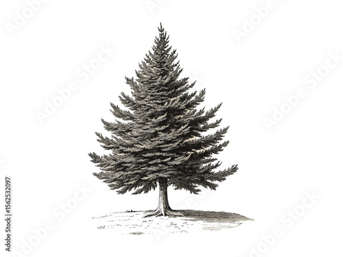 Black sketch red cedar tree, vintage botanical engraving, old evergreen tree print, retro nature art, red cedar bark texture, classic forest wall decor, hand-drawn tree illustration