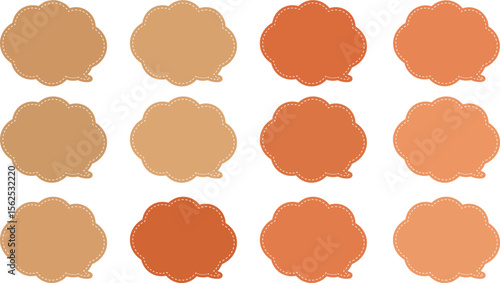 A 12-color speech bubble set with an autumn theme and white dashed lines inside each bubble. .All the bubbles have a distinctive, rounded, cloud-like, or scalloped edge design. 