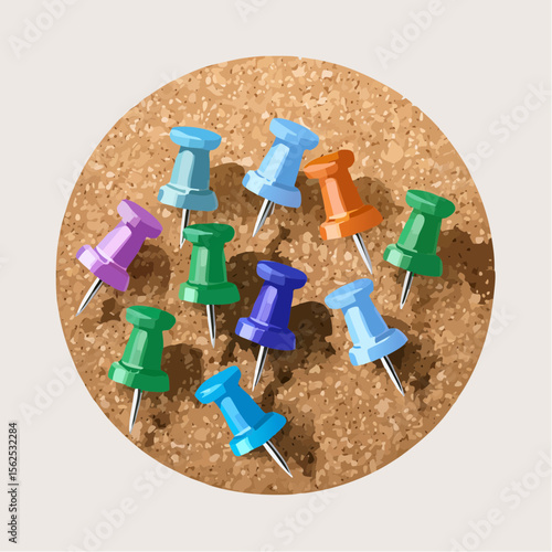 Transparent plastic push pins in multiple colors scattered across a corkboard, each with shadows and reflection glints.
