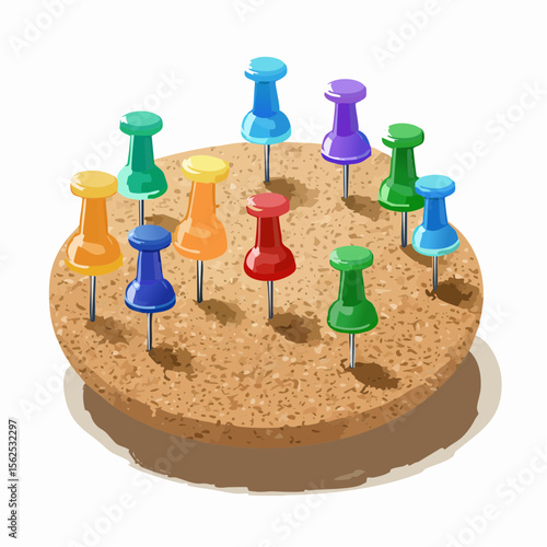 Transparent plastic push pins in multiple colors scattered across a corkboard, each with shadows and reflection glints.
