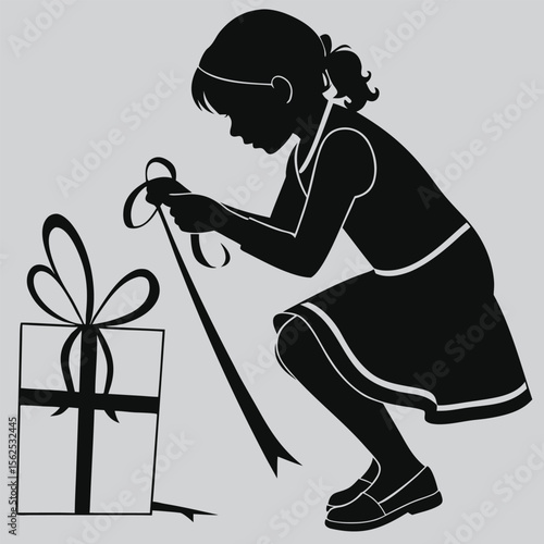 Girl tying a ribbon on a gift silhouette vector design art and illustration