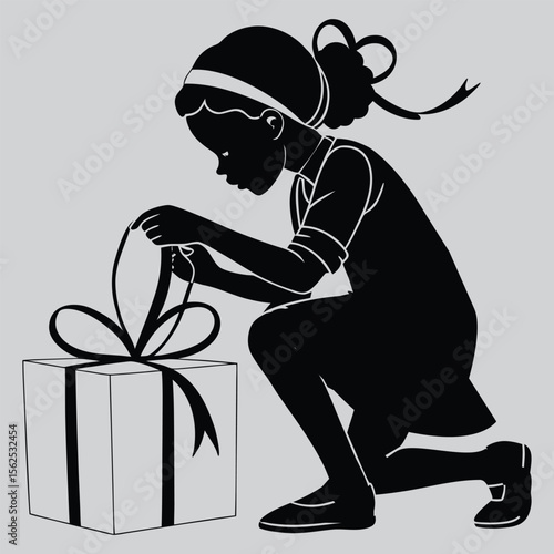 Girl tying a ribbon on a gift silhouette vector design art and illustration