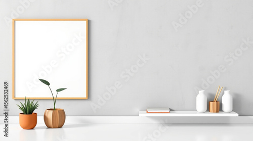 Minimalist interior with framed art, plants, shelf, and decorative bottles on a gray wall backdrop created with generated ai