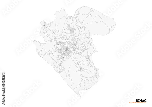 Vector map of Bihać, Bosnia and Herzegovina, specifically highlighting its extensive highway network. The focus is on the intricate road infrastructure within the city's urban landscape.