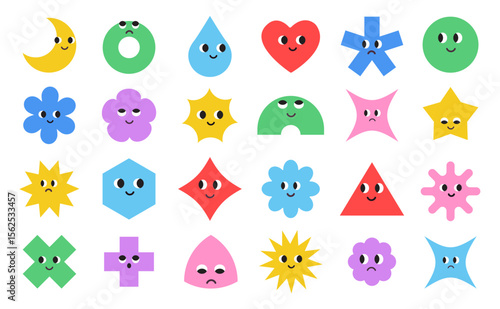 Cute colorful basic Geometric Figures with face emotions. Set of different shapes moon, heart, drop, flower, star, rhombus, hexagon etc. Funny characters. Trendy vector illustration for kids