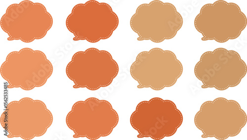 A 12-color speech bubble set with an autumn theme and white dashed lines inside each bubble. .All the bubbles have a distinctive, rounded, cloud-like, or scalloped edge design. 