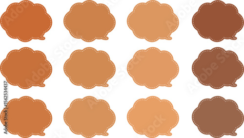 A 12-color speech bubble set with an autumn theme and white dashed lines inside each bubble. .All the bubbles have a distinctive, rounded, cloud-like, or scalloped edge design. 