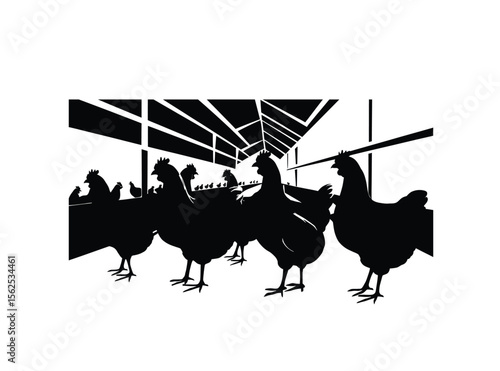 Poultry farm silhouette vector in black color with white background.