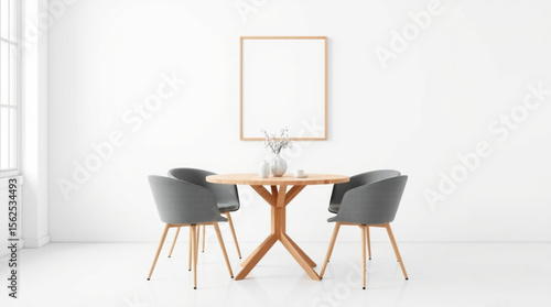 Round wooden dining table with four gray chairs in a minimalist white room with a framed picture on the wall created with generated ai