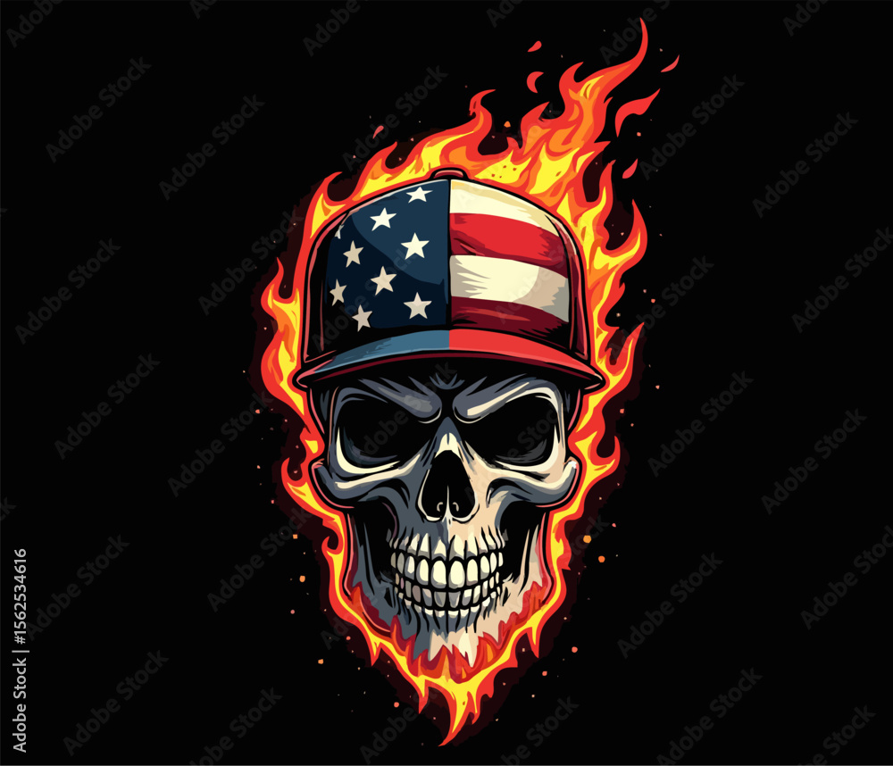 Fototapeta premium Vector t-shirt design with burning human skull with usa flag baseball cap on black background. Fashionable american print for fabric, paper, men clothing, hoodie, jacket. T shirt template.