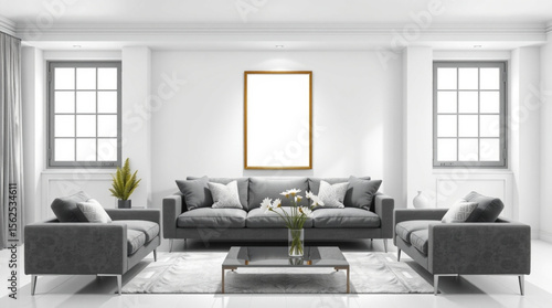 Interior of a living room with gray sofas, a coffee table, and a blank picture frame on the wall created with generated ai