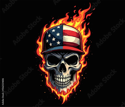 Vector t-shirt design with burning human skull
with usa flag baseball cap on black background.
Fashionable american print for fabric, paper, men clothing, hoodie, jacket. T shirt template.