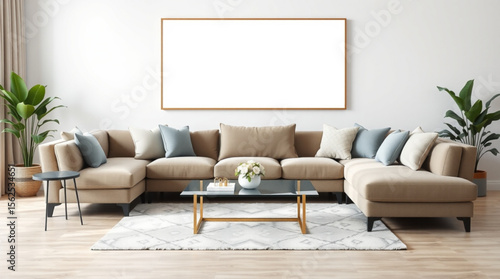 A living room interior with a large sectional sofa, coffee table, and a blank frame on the wall created with generated ai