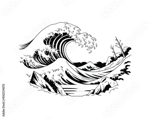 Tsunami vector in black color with white background.