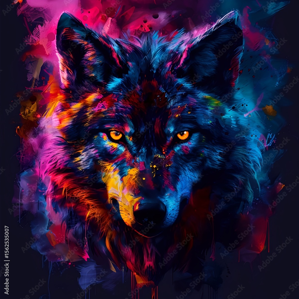 Fototapeta A symmetrical digital portrait with a fierce wolf face, neon glow effect, sharp yellow eyes, smooth fur textures, dramatic lighting, colorful style, and dramatic lighting.