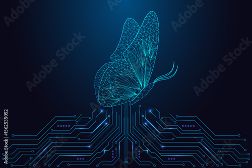 Digital transformation and personal growth concept with butterfly on tech circuit background