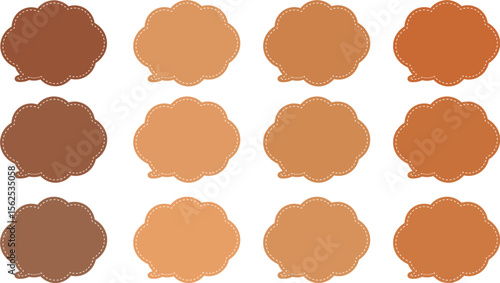 A 12-color speech bubble set with an autumn theme and white dashed lines inside each bubble. .All the bubbles have a distinctive, rounded, cloud-like, or scalloped edge design. 