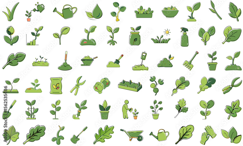 Obraz premium Micro greenery plant leafs and gardening tools icon set in hand drawn style for modern agricultural practices, promoting eco-friendly growth and sustainable development values