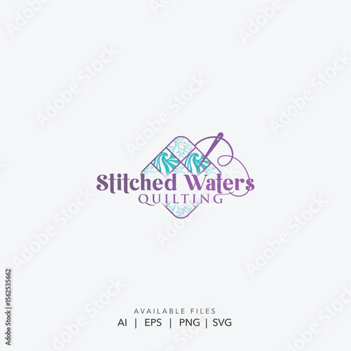 Elegant Quilting and Sewing Logo, Unique  Quilt Block Logo, Modern sewing Design with Abstract Water Waves and Needle