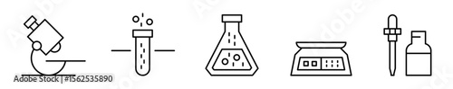 Conjunto de iconos de instrumentos de laboratorio. Herramientas para experimentos y análisis químicos. Microscopio, tubo de ensayo, matraz, balanza, gotero