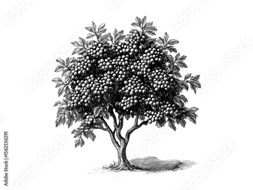 Rowan tree engraving vintage style, hand-drawn botanical illustration, rustic tree art, rowan berries, old engraving style black sketch, retro nature print, trendy eco-friendly wall art, forest