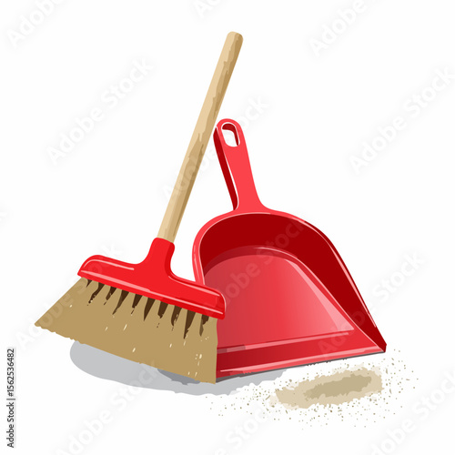 Red plastic dustpan paired with a wooden-handled broom with stiff bristles. Slight trail of dust nearby.
