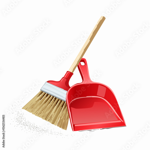 Red plastic dustpan paired with a wooden-handled broom with stiff bristles. Slight trail of dust nearby.
