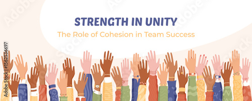 Raised colorful hands symbolize community unity and teamwork. A vibrant representation of people, solidarity, and diverse support. Ideal for charity, volunteerism, banners, social campaigns,