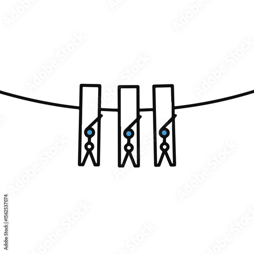 Three clothes pegs hanging on a clothesline.