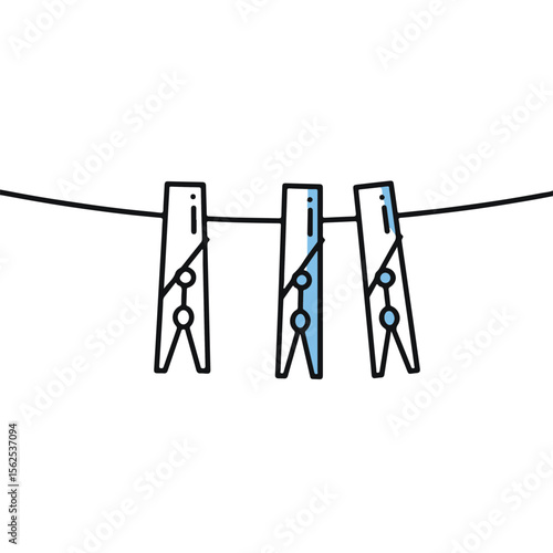 Three clothespins, gently suspended on a simple clothesline.