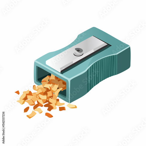 Small manual sharpener with pencil shavings spilling out.
