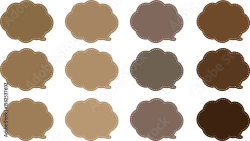 A 12-color speech bubble set with an autumn theme and white dashed lines inside each bubble. .All the bubbles have a distinctive, rounded, cloud-like, or scalloped edge design. 