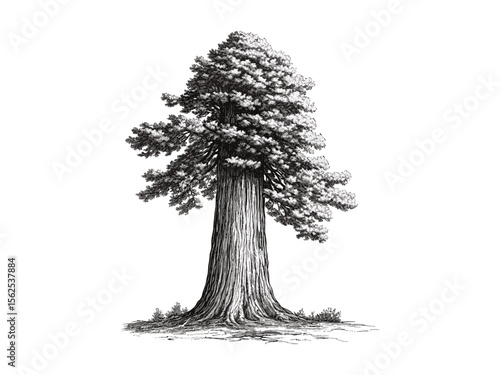 Hand-drawn vintage botanical sketch, engraving of sequoia tree trunk, sequoia bark texture, rustic woodland design, eco-friendly print, evergreen tree illustration, nature art,