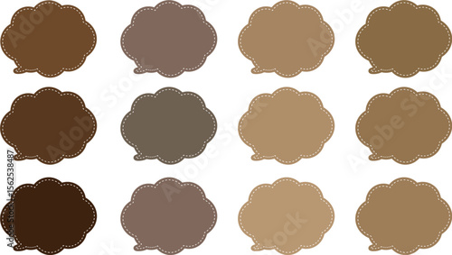 A 12-color speech bubble set with an autumn theme and white dashed lines inside each bubble. .All the bubbles have a distinctive, rounded, cloud-like, or scalloped edge design. 
